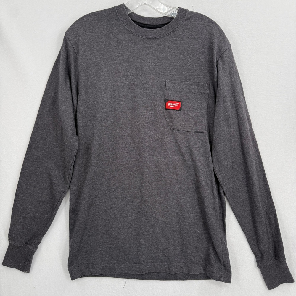 Milwaukee Tools Pocket T-Shirt Mens Small Gray Long Sleeve Cotton Blend Logo